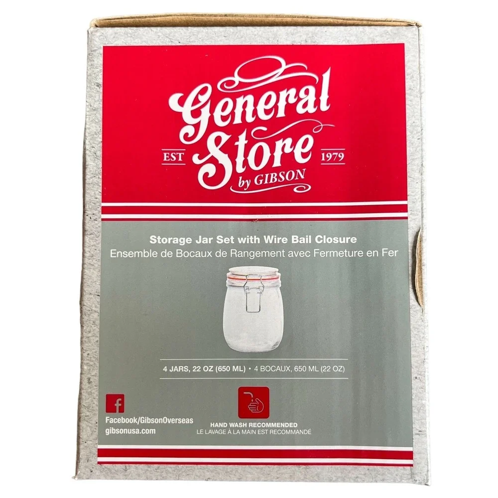 Gibson General Store 4-Piece Jar Set 22 Oz Clear Glass Farmhouse Cottage NIB